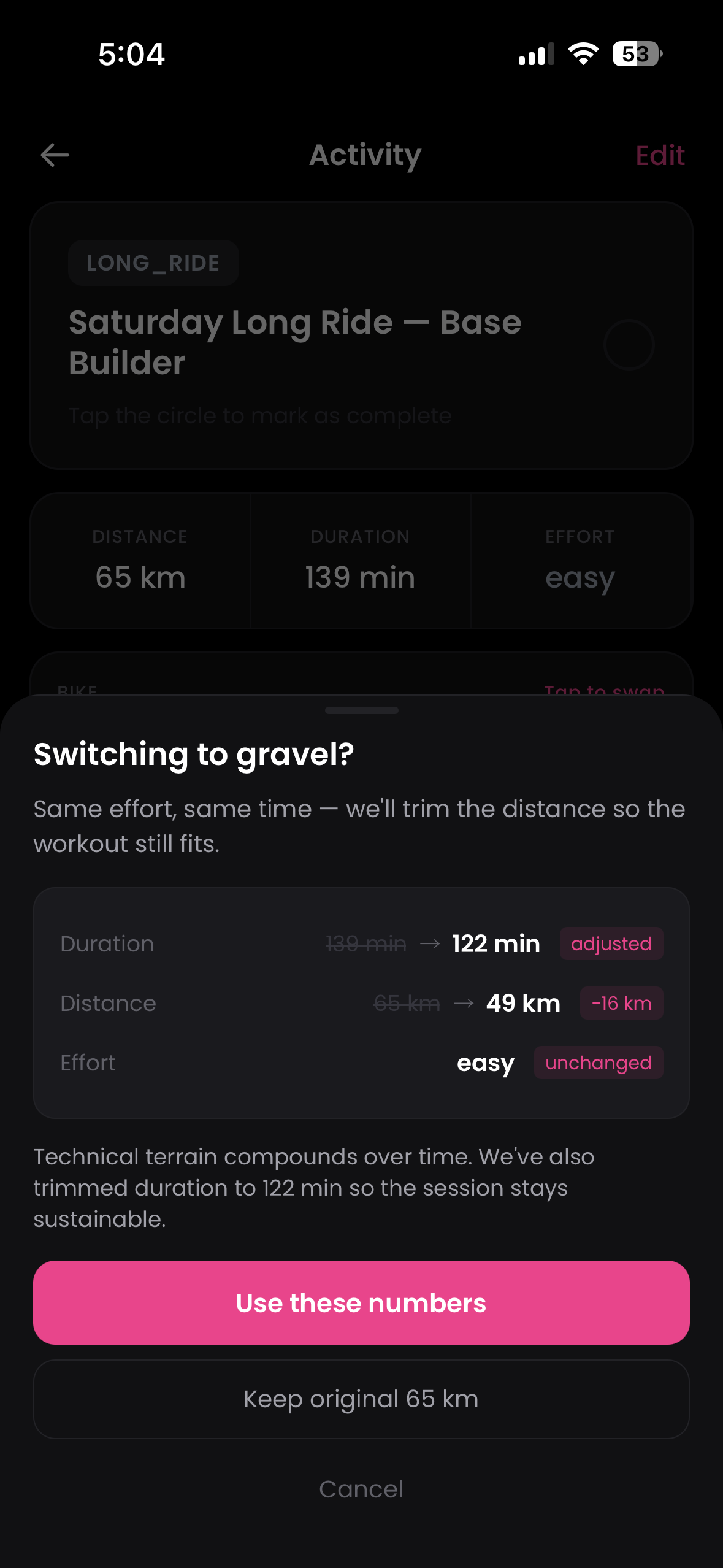 Bike swap confirmation sheet with adjusted distance and duration